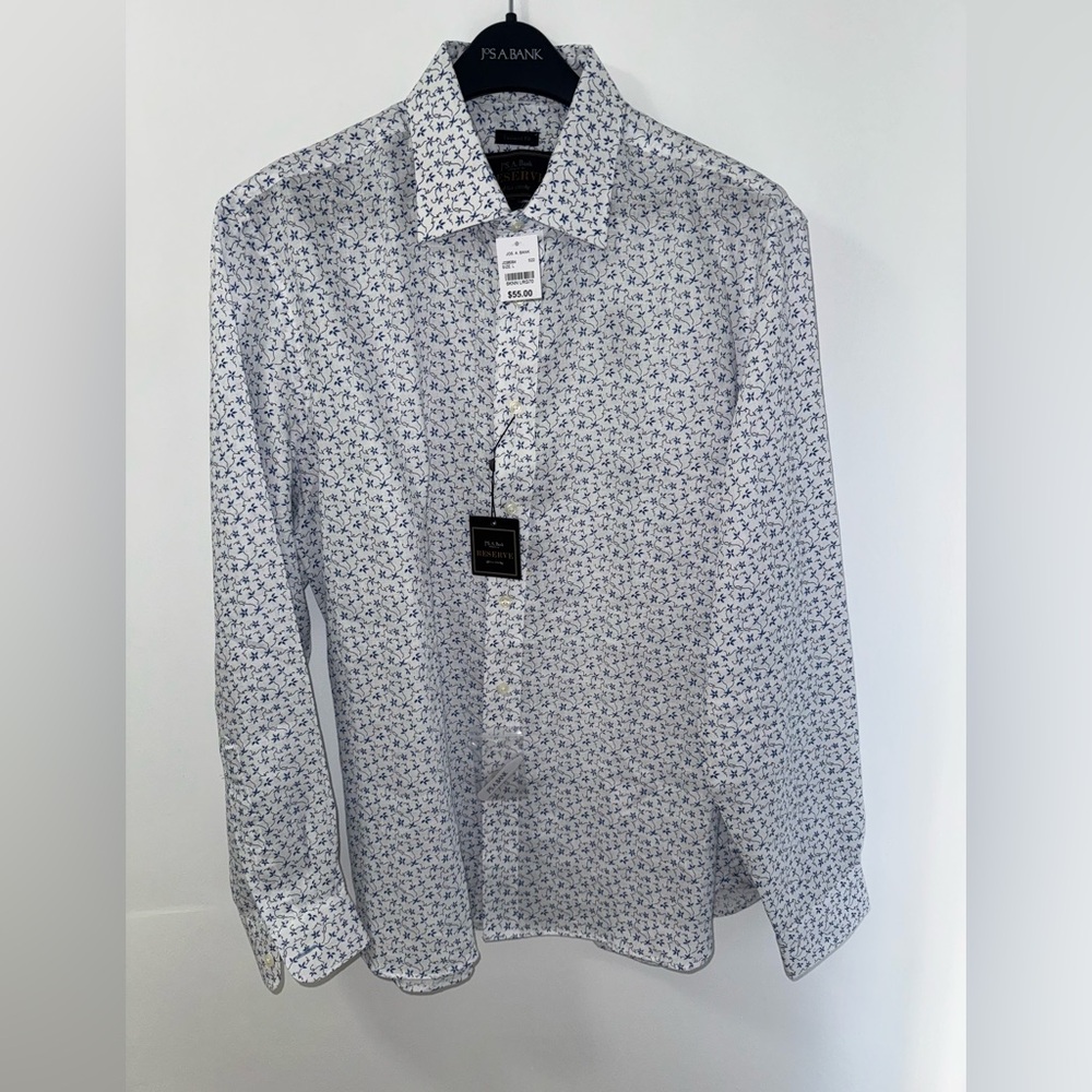 Jos.A.Bank Men’s White and Navy Floral 100% Linen Casual Shirt, Size L, NWT